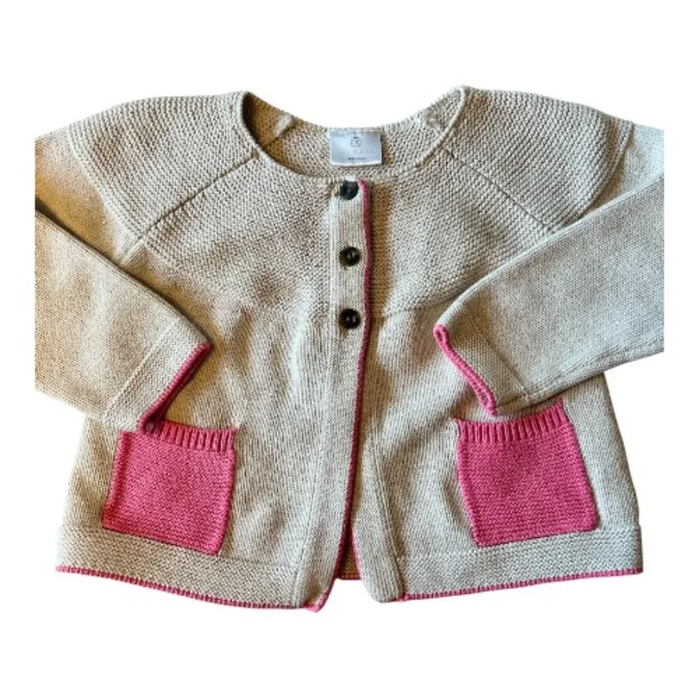 Hanna Andersson Cotton Knit Cardigan – Oatmeal & Pink Trim – 4–6Y - Picture 1 of 5